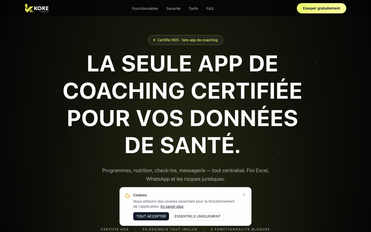 Site internet de Kore, application web de coaching sportif et nutrition, réalisé par Sébastien