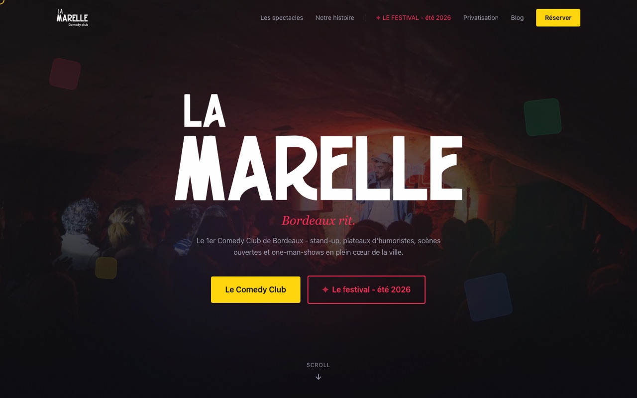 Site internet de La Marelle, comedy club et billetterie de spectacles à Bordeaux, réalisé par Sébastien